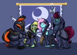 Size: 3688x2608 | Tagged: safe, artist:witchtaunter, derpibooru import, oc, oc:lemming, earth pony, pegasus, pony, clothes, cult, ear fluff, ears, female, halberd, hood, male, robe, scroll, simple background, sword, weapon