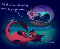 Size: 2454x2000 | Tagged: safe, artist:triksa, derpibooru import, oc, oc:chime, oc:chyme, fish, original species, bellyrubs, implied vore, ocean, stuffed, talking, underwater, water