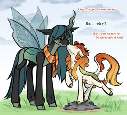 Size: 1024x931 | Tagged: safe, alternate version, artist:purplegrim40, derpibooru import, autumn blaze, queen chrysalis, changeling, changeling queen, kirin, blushing, clothes, eyes closed, female, grass, height difference, kissing, lesbian, one eye closed, reaching, scarf, shipping, size difference, stone