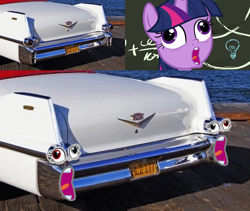 Size: 640x540 | Tagged: safe, derpibooru import, edit, edited screencap, screencap, twilight sparkle, twilight sparkle (alicorn), alicorn, pony, best gift ever, 1950s, cadillac, caption, car, chalkboard, comparison, cursed image, derp, faic, female, image macro, irl, license plate, mare, meme, not salmon, open mouth, photo, pudding face, solo, text, trollface, twilight sparkle is best facemaker, twilynanas, wat, why, wtf