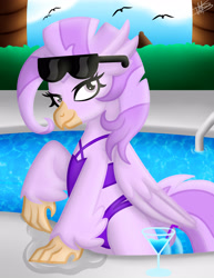 Size: 3000x3885 | Tagged: safe, artist:princessmoonsilver, derpibooru import, oc, oc:coral whirlwind, classical hippogriff, hippogriff, clothes, drink, drinking straw, female, hippogriff oc, smiling, solo, sunglasses, swimming pool, swimsuit
