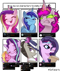 Size: 2094x2500 | Tagged: safe, artist:lummh, derpibooru import, amira, luster dawn, minuette, octavia melody, princess cadance, princess celestia, starlight glimmer, alicorn, earth pony, pony, saddle arabian, unicorn, comments, corrupted, eyes closed, female, filly, foal, glowing eyes, hug, luster dawn is starlight's and sunburst's daughter, mare, open mouth, open smile, parent:starlight glimmer, parent:sunburst, parents:starburst, six fanarts, smiling, smug