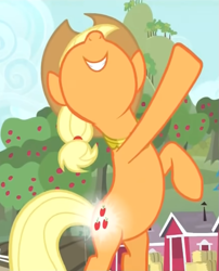 Size: 579x717 | Tagged: safe, derpibooru import, screencap, applejack, earth pony, pony, magical mystery cure, bipedal, cropped, glowing cutie mark, smiling, solo