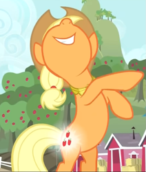 Size: 597x703 | Tagged: safe, derpibooru import, screencap, applejack, earth pony, pony, magical mystery cure, bipedal, cropped, glowing cutie mark, smiling, solo