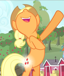 Size: 605x721 | Tagged: safe, derpibooru import, screencap, applejack, earth pony, pony, magical mystery cure, bipedal, cropped, element of honesty, glowing cutie mark, open mouth, solo