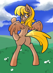 Size: 800x1100 | Tagged: safe, artist:ultrahurtman, derpibooru import, oc, oc only, oc:honey dip, pegasus, pony, art trade, bipedal, blush sticker, blushing, butt, cloud, ear fluff, ears, female, field, grass, grass field, hoof on hip, looking back, mare, outdoors, plot, rear view, smiling, solo, spread wings, wings