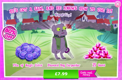 Size: 1958x1295 | Tagged: safe, derpibooru import, idw, diamond dog, advertisement, choker, clothes, collar, costs real money, dog collar, english, gameloft, gem, green eyes, idw showified, magic coins, male, official, pocket, sale, saw, solo, solo focus, text, unnamed character, vest