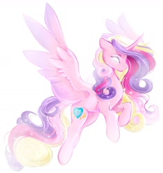 Size: 1568x1665 | Tagged: safe, artist:damayantiarts, derpibooru import, princess cadance, alicorn, pony, curved horn, flying, glowing, glowing eyes, horn, solo, sparkles, spread wings, wings