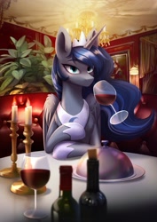 Size: 1447x2039 | Tagged: safe, artist:glumarkoj, derpibooru import, princess luna, alicorn, pony, alcohol, blushing, bottle, candle, chest fluff, date, dinner, female, looking at you, mare, offscreen character, pov, restaurant, solo, sweet dreams fuel, wine, wine bottle, wineglass