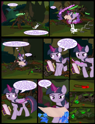 Size: 1042x1358 | Tagged: safe, artist:dendoctor, derpibooru import, angel bunny, mean twilight sparkle, twilight sparkle, twilight sparkle (alicorn), alicorn, pony, rabbit, timber wolf, comic:clone.., g4, alternate universe, animal, blood, book, clone, comic, female, flower, friendship journal, glowing, glowing horn, horn, magic, mare, poison joke, ponyville, telekinesis, teleportation, thorn