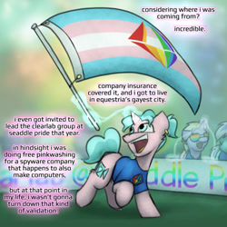 Size: 800x800 | Tagged: safe, artist:captainhoers, derpibooru import, oc, oc only, oc:candy chip, unicorn, the sunjackers, cyberpunk, female, mare, pride, pride flag, transgender pride flag