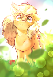 Size: 1152x1668 | Tagged: safe, artist:kurogewapony, derpibooru import, applejack, earth pony, pony, apple, cute, female, food, hatless, jackabetes, lens flare, looking at you, loose hair, mare, missing accessory, smiling, smiling at you, solo