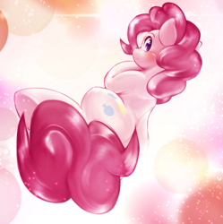 Size: 1901x1906 | Tagged: safe, artist:kurogewapony, derpibooru import, pinkie pie, earth pony, pony, abstract background, blushing, cute, diapinkes, female, looking at you, looking back, looking back at you, looking over shoulder, mare, rear view, side view, solo, underhoof