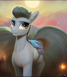 Size: 896x1024 | Tagged: safe, derpibooru import, generator:purplesmart.ai, generator:stable diffusion, machine learning generated, oc, oc only, oc:devin, bat pony, pony, bag, cool, cute, dreamworks face, looking at you, male, moon, moonlight, ocbetes, saddle bag, scenery, sky, smiling, solo, stallion, stars