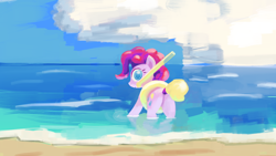 Size: 1080x608 | Tagged: safe, derpibooru import, pinkie pie, earth pony, pony, beach, butt, cloud, hat, inflatable, looking at you, ocean, plot, sky, snorkel, solo, swimming, swimming cap, water