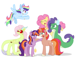 Size: 2884x2211 | Tagged: safe, artist:lindasaurie, derpibooru import, li'l cheese, oc, oc:droplet, oc:ethan, oc:nebula trail, oc:sneaky stripes, oc:stellar supernova, dracony, earth pony, hybrid, pegasus, unicorn, eye clipping through hair, female, flying, group, high res, interspecies offspring, male, next generation, offspring, parent:discord, parent:fluttershy, parent:rainbow dash, parent:rarity, parent:soarin', parent:spike, parent:sunburst, parent:twilight sparkle, parents:discoshy, parents:soarindash, parents:sparity, parents:twiburst, siblings, simple background, transparent background