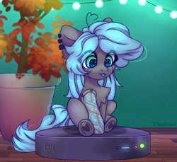 Size: 1280x1175 | Tagged: safe, artist:radioaxi, derpibooru import, oc, oc only, earth pony, pony, :3, :p, ahoge, chest fluff, cybernetic arm, hoof heart, ponies riding roombas, potted plant, roomba, simple background, solo, tongue, tongue out, white background