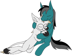 Size: 2631x2026 | Tagged: safe, artist:emc-blingds, derpibooru import, oc, oc only, earth pony, pony, unicorn, cuddling, duo, earth pony oc, eyes closed, glasses, horn, hug, male, simple background, stallion, transparent background, unicorn oc, unshorn fetlocks