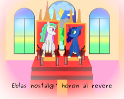 Size: 2000x1603 | Tagged: safe, artist:timcryt, derpibooru import, princess celestia, princess luna, pony, carpet, esperanto, looking at each other, looking at someone, throne