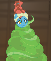 Size: 1300x1550 | Tagged: safe, artist:lunahazacookie, derpibooru import, meadowbrook, earth pony, pony, snake, coils, eyelashes, female, hypno eyes, hypnosis, hypnotized, kaa eyes, mare, smiling, solo