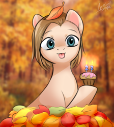 Size: 972x1086 | Tagged: safe, alternate version, artist:megabait, derpibooru import, oc, oc only, oc:lana, earth pony, :p, autumn, birthday, cake, food, forest, leaves, leaves in hair, muffin, short hair, tongue, tongue out