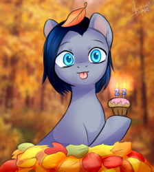 Size: 972x1086 | Tagged: safe, alternate version, artist:megabait, derpibooru import, oc, oc only, oc:lina, earth pony, :p, autumn, blue eyes, forest, leaves, leaves in hair, short hair, tongue, tongue out