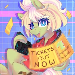 Size: 1080x1080 | Tagged: safe, artist:eponafest, derpibooru import, oc, oc:milli, camera, mascot, solo, ticket