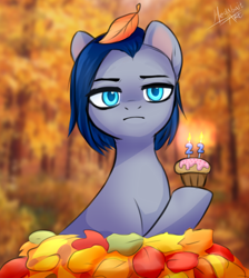 Size: 972x1086 | Tagged: safe, artist:megabait, derpibooru import, oc, oc only, oc:lina, earth pony, autumn, birthday, blue eyes, bobcut, cake, food, forest, frown, haircut, leaves, muffin, sadness, short hair