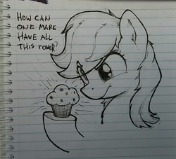 Size: 1187x1080 | Tagged: safe, artist:whiskeypanda, artist:whiskeypanda1, derpibooru import, derpy hooves, pegasus, pony, bust, contemplating, focused, food, frown, hoof hold, ink, ink drawing, lined paper, muffin, silly, solo, text, traditional art