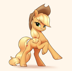 Size: 2964x2910 | Tagged: safe, artist:aquaticvibes, derpibooru import, applejack, earth pony, pony, applejack's hat, clothes, cowboy hat, female, grin, hat, high res, looking at you, mare, raised hoof, raised leg, rearing, simple background, smiling, solo
