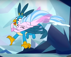 Size: 679x541 | Tagged: safe, derpibooru import, screencap, gallus, silverstream, griffon, seapony (g4), what lies beneath, cropped, duo, female, male, seapony silverstream, silverstream hugs gallus, tackle hug