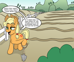 Size: 3308x2763 | Tagged: safe, artist:doodledonutart, derpibooru import, applejack, earth pony, pony, comic, fence, field, shovel, solo