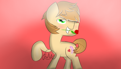 Size: 1735x1000 | Tagged: safe, artist:girlduog, derpibooru import, feather bangs, earth pony, pony, blushing, flower, flower in mouth, looking at you, male, mouth hold, one eye closed, raised hoof, raised leg, smiling, solo, wink, winking at you