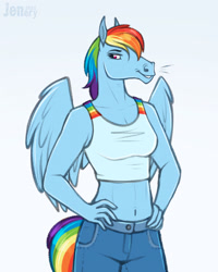 Size: 1026x1280 | Tagged: safe, artist:jenery, derpibooru import, rainbow dash, anthro, pegasus, breasts, clothes, denim, female, hoers, jeans, mare, midriff, pants, reasonably sized breasts, simple background, solo, tanktop, white background