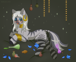 Size: 1998x1644 | Tagged: safe, artist:belkaart0w0, derpibooru import, zecora, zebra, :p, alternate hairstyle, blushing, chest fluff, clothes, cute, ear piercing, earring, female, jewelry, lying down, mare, neck rings, piercing, poison joke, potion, prone, socks, solo, striped socks, tongue, tongue out, zecorable