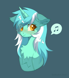 Size: 1566x1767 | Tagged: safe, artist:belkaart0w0, derpibooru import, lyra heartstrings, pony, unicorn, blue background, blushing, chest fluff, cute, female, lyrabetes, mare, music notes, simple background, solo, speech bubble