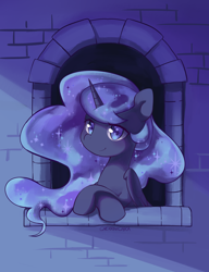 Size: 1696x2207 | Tagged: safe, artist:cherrnichka, derpibooru import, princess luna, alicorn, female, looking at you, mare, night, solo, window