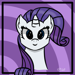 Size: 569x569 | Tagged: safe, artist:scarletdoodle, derpibooru import, rarity, blue eyes, bust, female, mare, my little pony, portrait, purple background, purple hair, simple background, solo