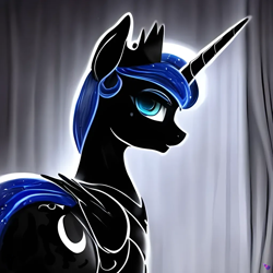 Size: 1024x1024 | Tagged: safe, artist:pingzing, derpibooru import, edit, generator:purplesmart.ai, generator:stable diffusion, machine learning generated, princess luna, alicorn, pony, black coat, crown, cutie mark, female, folded wings, from behind, horn, jewelry, looking at you, looking back, looking back at you, mare, regalia, solo, wings