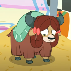 Size: 574x573 | Tagged: safe, derpibooru import, screencap, yona, yak, uprooted, bow, cloven hooves, cropped, female, hair bow, looking down, monkey swings, raised eyebrow, solo