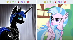 Size: 639x349 | Tagged: safe, derpibooru import, edit, edited screencap, generator:purplesmart.ai, generator:stable diffusion, machine learning generated, screencap, princess luna, silverstream, alicorn, classical hippogriff, hippogriff, pony, uprooted, derpibooru, jewelry, juxtaposition, meta, necklace, raised eyebrow