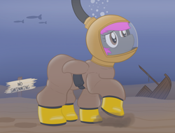 Size: 2048x1556 | Tagged: safe, artist:wingcommanderrudoji, derpibooru import, oc, oc only, oc:crash dive, fish, pegasus, pony, boots, bubble, diving, diving helmet, diving suit, footprint, helmet, shipwreck, shoes, smiling, underwater, water