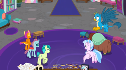 Size: 1600x898 | Tagged: safe, derpibooru import, screencap, gallus, ocellus, sandbar, silverstream, smolder, yona, changedling, changeling, classical hippogriff, dragon, earth pony, griffon, hippogriff, pony, yak, school raze, butt, cloven hooves, colored hooves, dragoness, female, male, plot, school of friendship, spread wings, student six, wings