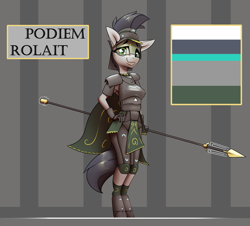 Size: 4401x3972 | Tagged: safe, artist:deafjaeger, derpibooru import, oc, oc:podiem rolait, anthro, armor, concept art, looking at you, smiling, smiling at you, solo, spear, visor, weapon