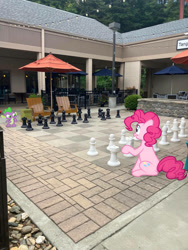 Size: 774x1032 | Tagged: safe, edit, editor:undeadponysoldier, photographer:undeadponysoldier, pinkie pie, spike, dragon, earth pony, pony, best friends, chair, chess, chess piece, chessboard, dragons in real life, duo, edited photo, female, hanging out, male, mare, ponies in real life, size difference, umbrella