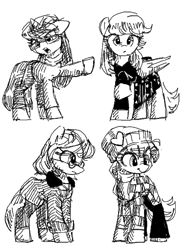 Size: 400x520 | Tagged: safe, artist:plunger, ponerpics import, oc, oc only, earth pony, pegasus, pony, unicorn, clothes, female, females only, mare, monochrome