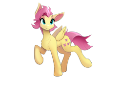 Size: 3508x2480 | Tagged: safe, artist:zpdea, derpibooru import, fluttershy, pegasus, pony, alternate hairstyle, ears, female, floppy ears, mare, raised hoof, raised leg, short mane, simple background, solo, white background