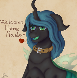 Size: 1982x2000 | Tagged: safe, artist:shypuppy, derpibooru import, queen chrysalis, changeling, collar, heart, heart eyes, master, solo, wingding eyes