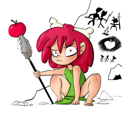 Size: 2250x2250 | Tagged: safe, artist:tjpones, derpibooru import, apple bloom, human, apple, bone, bone in hair, cave painting, cavegirl, caveman, cavewoman, food, freckles, frown, high res, humanized, loincloth, looking at you, ooga booga, simple background, spear, squatting, weapon, white background
