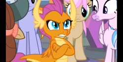 Size: 1417x720 | Tagged: safe, derpibooru import, screencap, silverstream, smolder, yona, dragon, earth pony, hippogriff, pony, yak, school raze, angry, concerned, confused, crossed arms, dragoness, female, glare, gritted teeth, male, suspicious, suspicious face, teeth